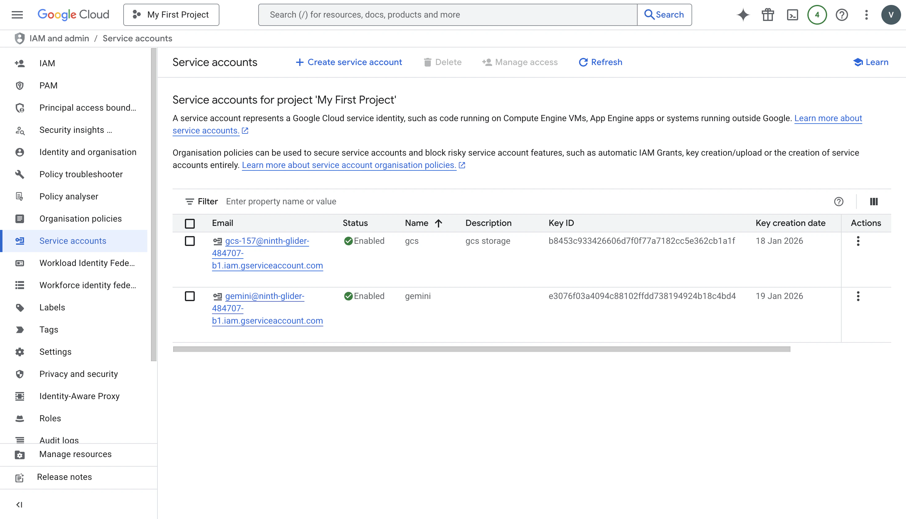 Google Cloud Service Accounts page