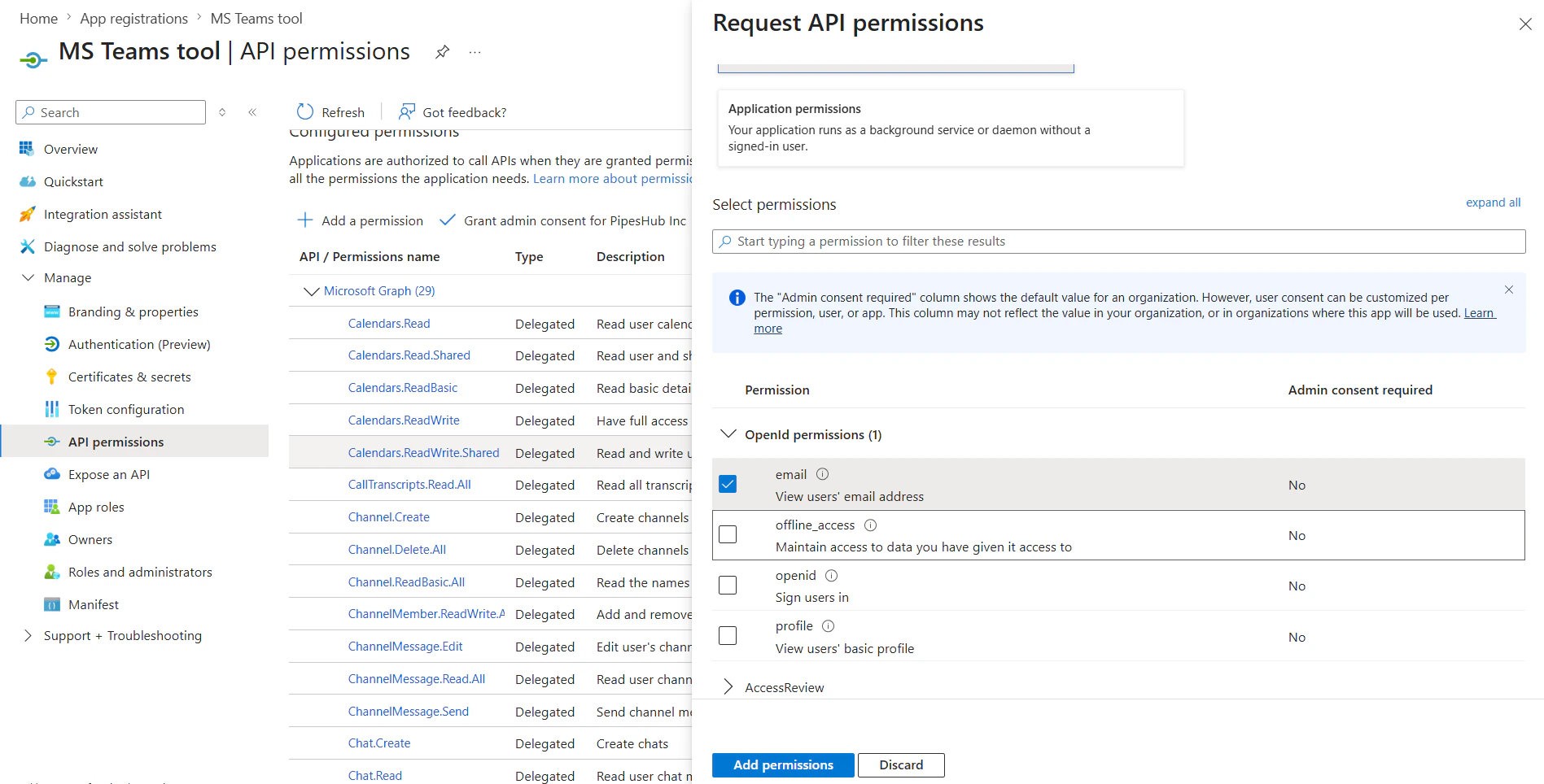 Microsoft Graph delegated API permissions for Teams action