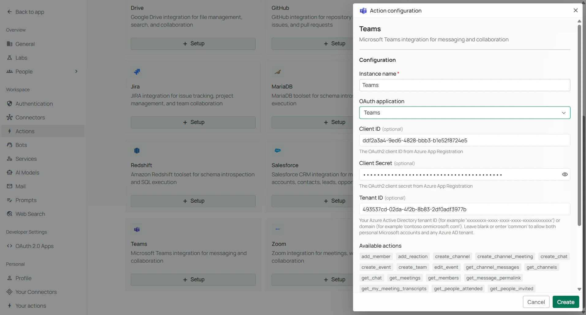 Workspace Actions catalog showing Microsoft Teams with Setup when the organization has no instance yet