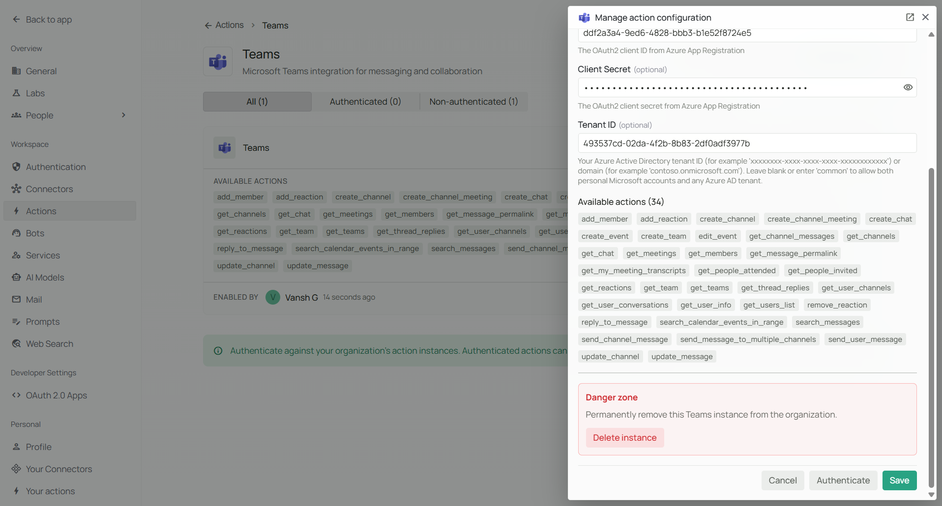 Microsoft Teams action type page with Add instance when the organization already has instances