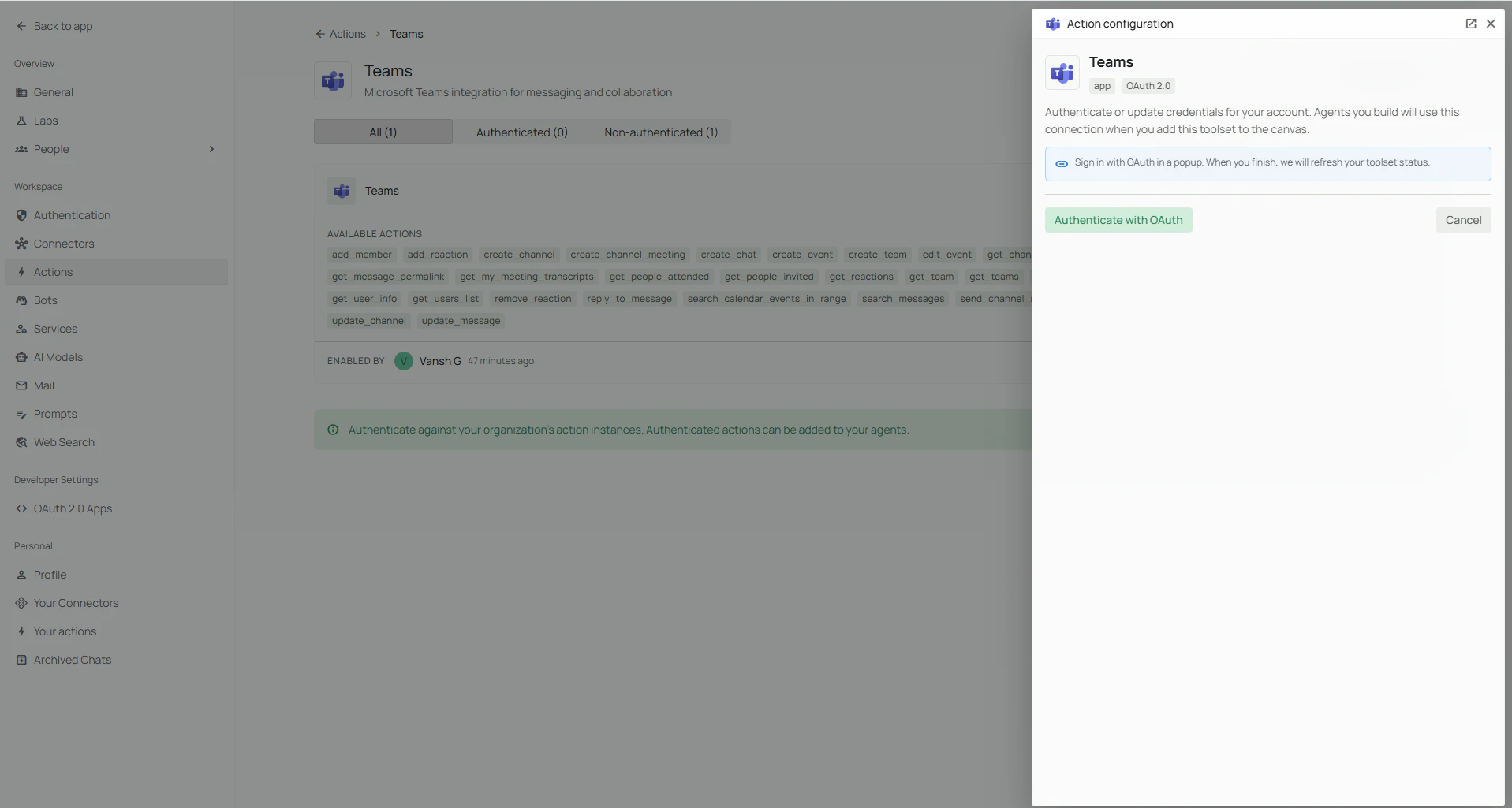Microsoft account consent for Teams action OAuth