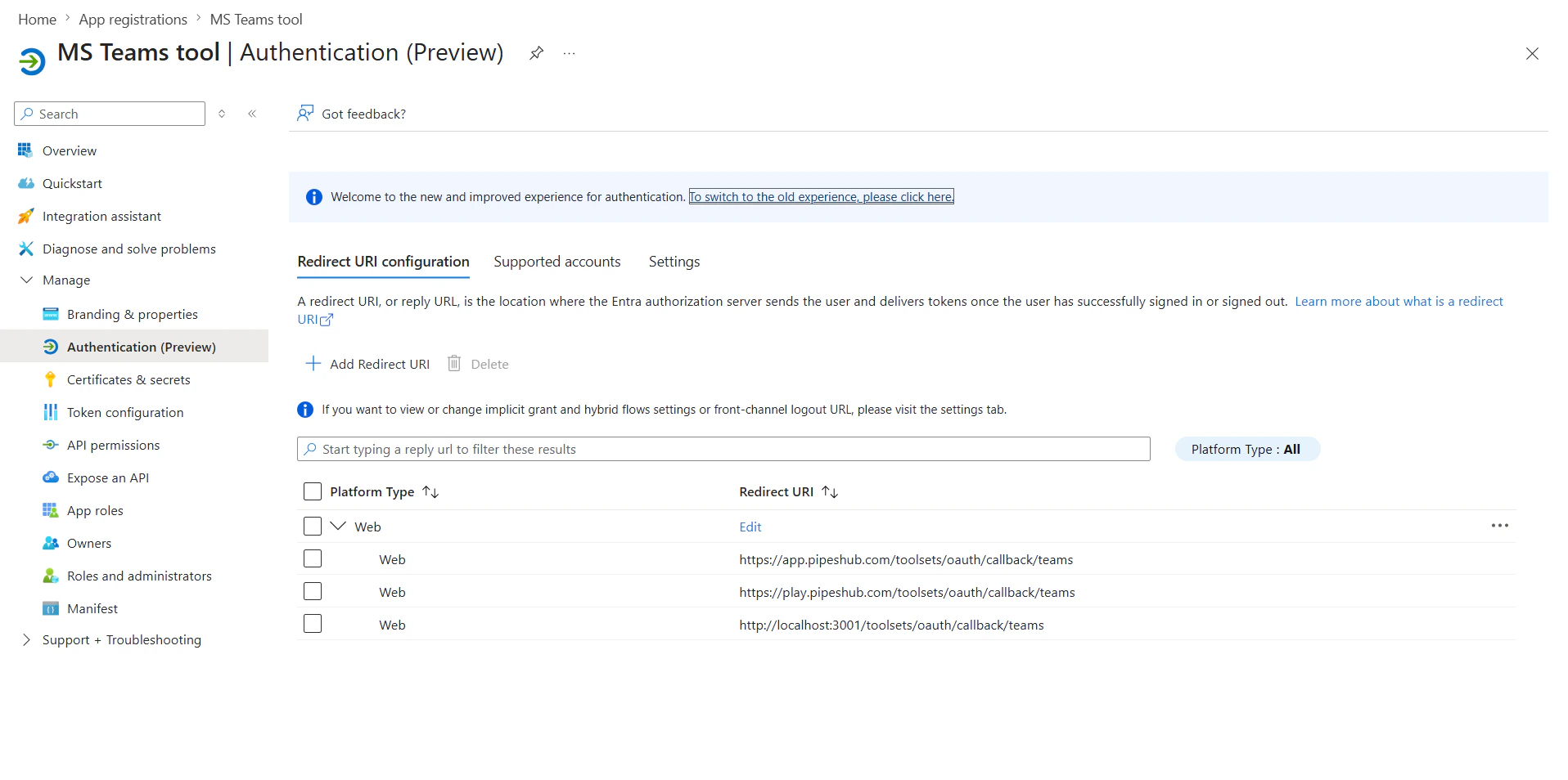 Add Redirect URI in Azure app registration Authentication