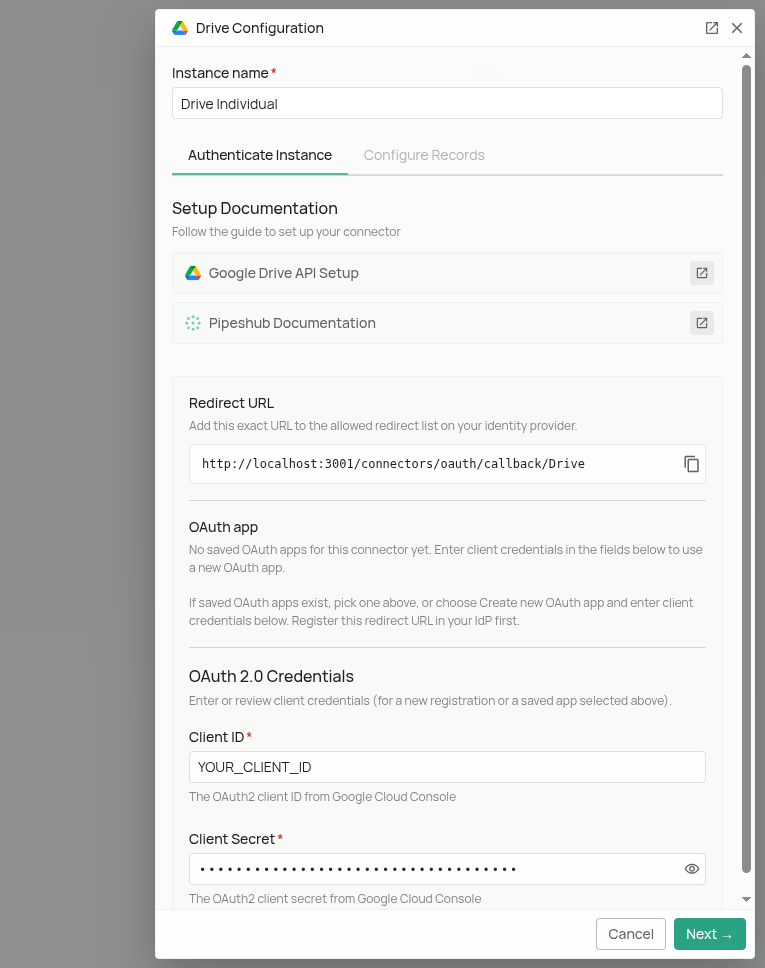 Google Drive auth configuration