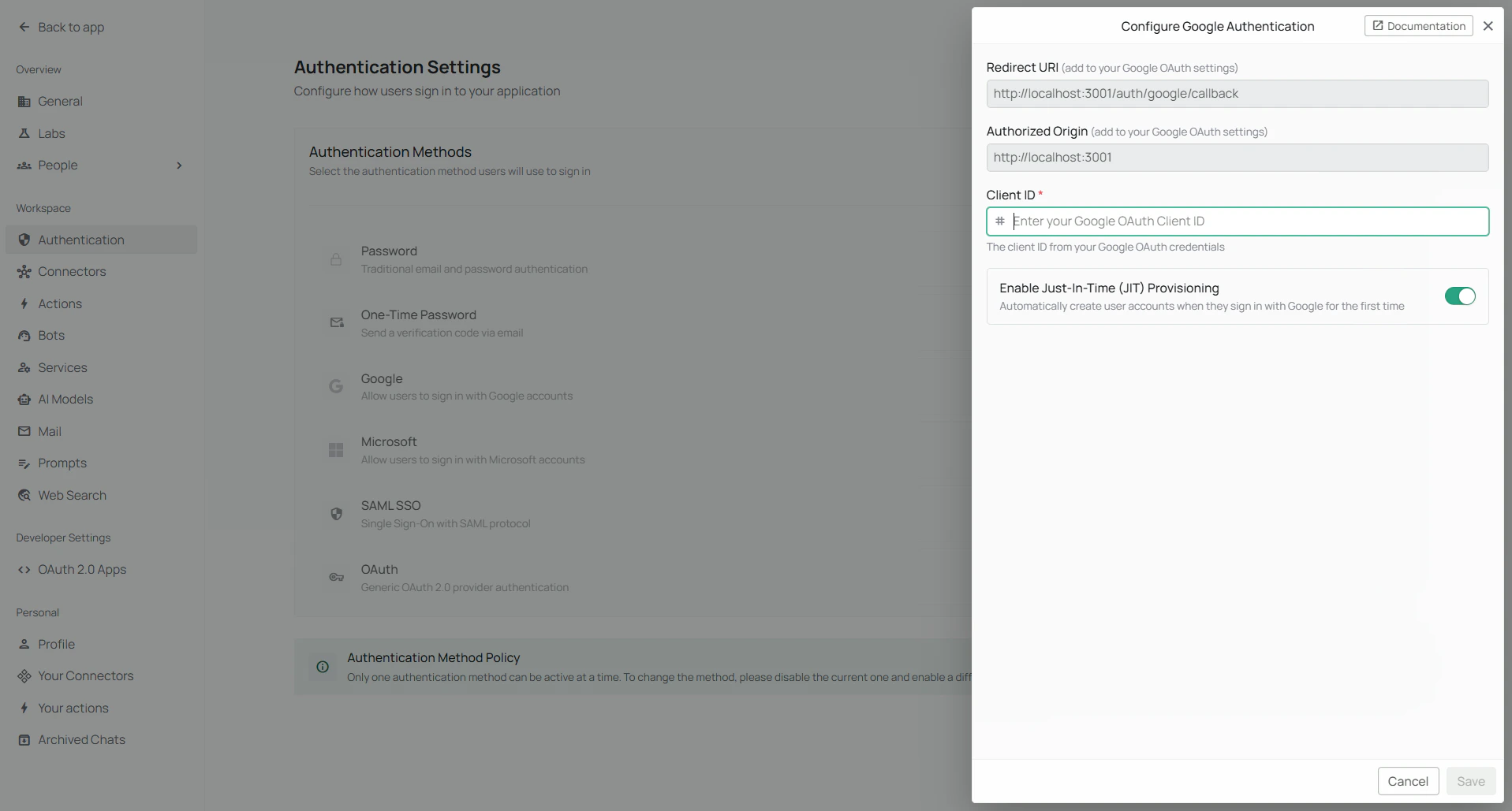 Google configuration Dialog