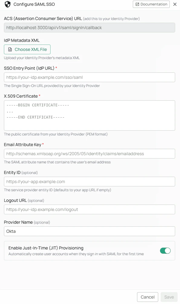 SAML SSO configuration panel