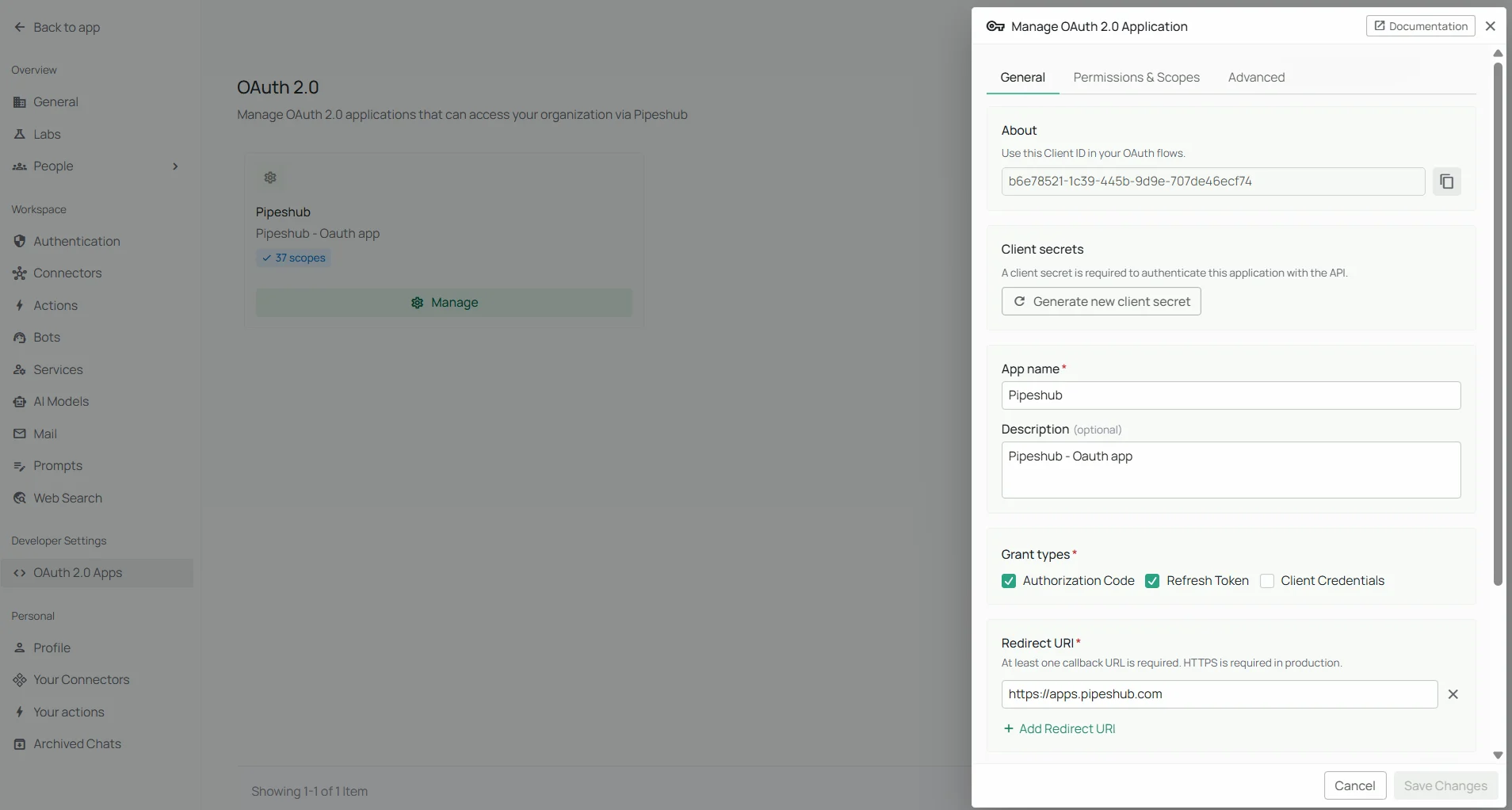 OAuth application detail view with configuration settings