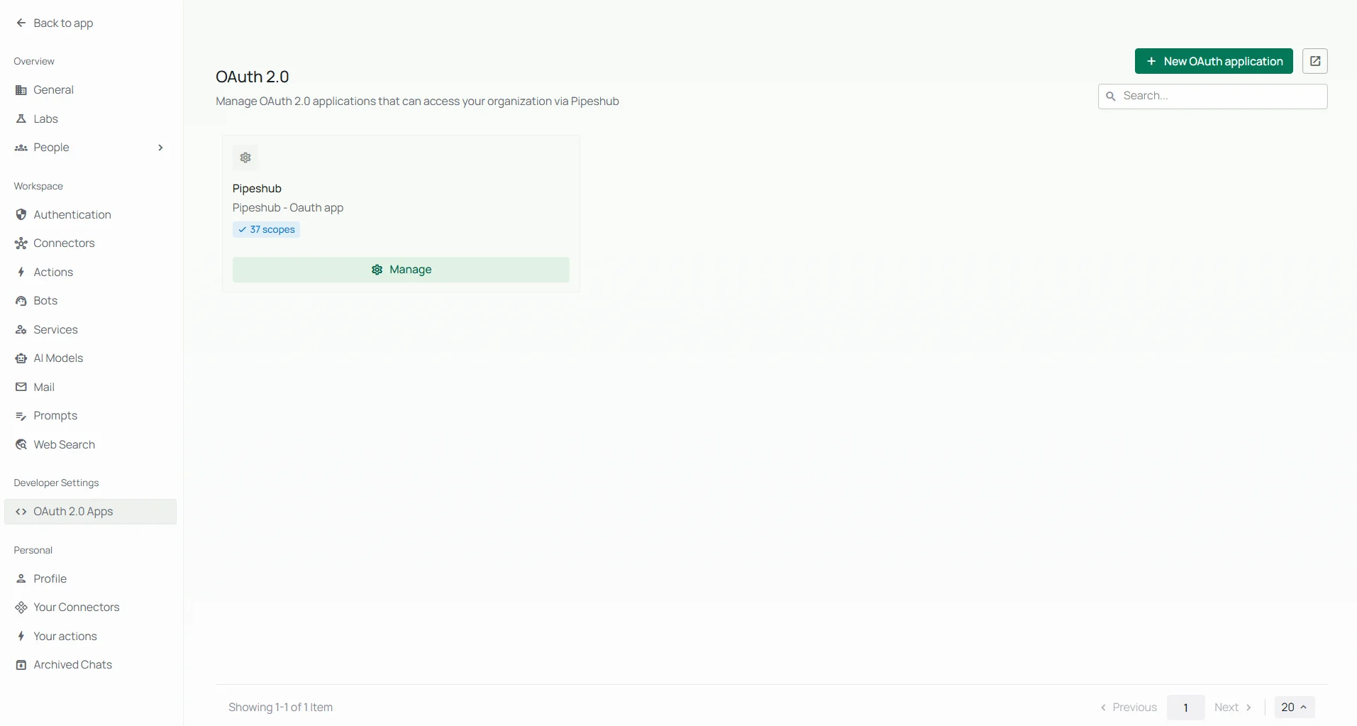 OAuth 2.0 Applications list page showing registered applications