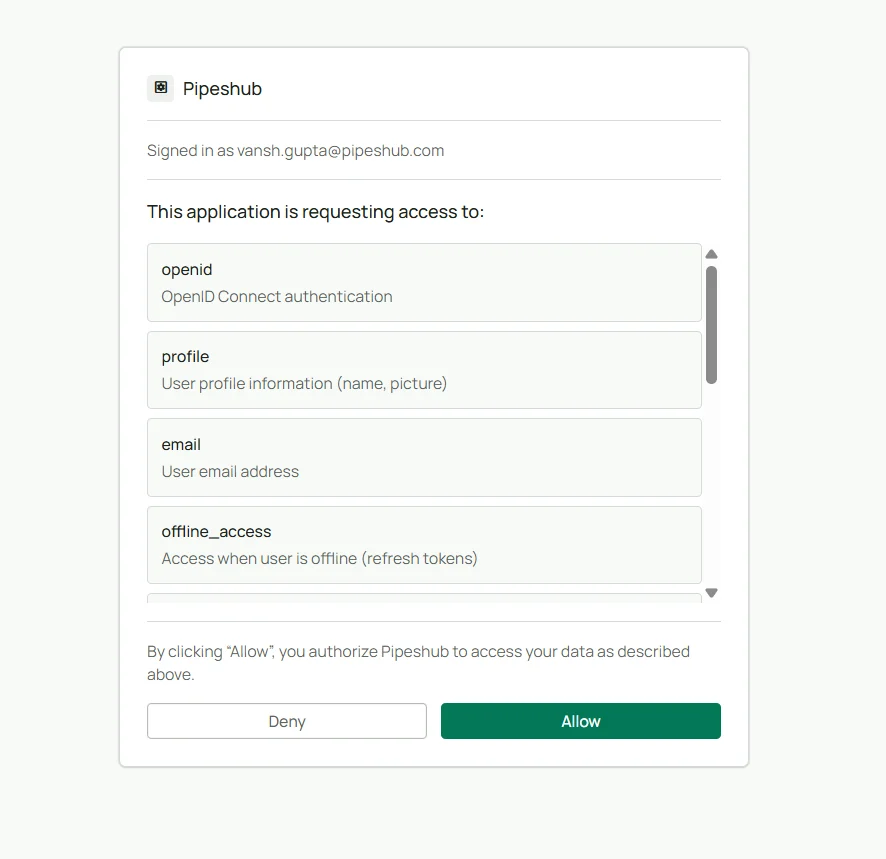OAuth consent screen showing application details and requested permissions