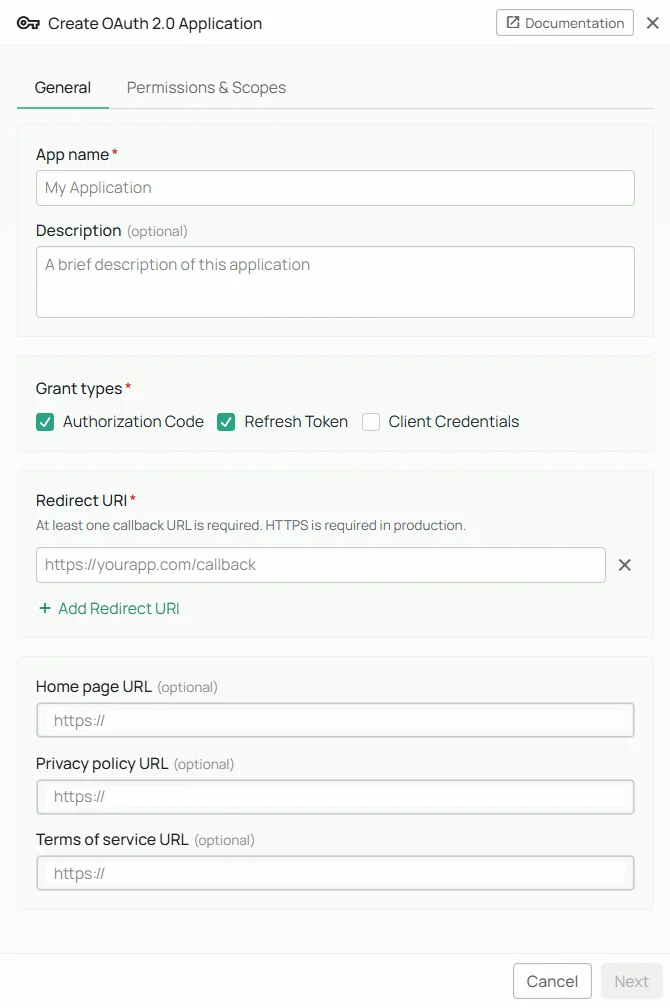 Create new OAuth 2.0 application form