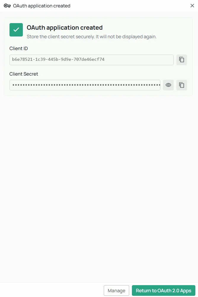 Newly created OAuth application credentials display
