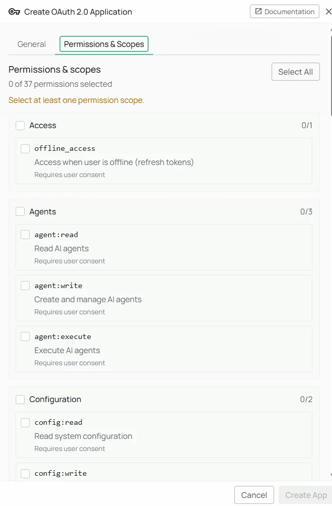 OAuth scope selector grouped by category