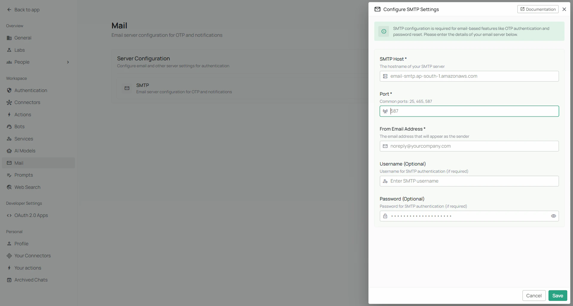 Smtp in Auth Settings page