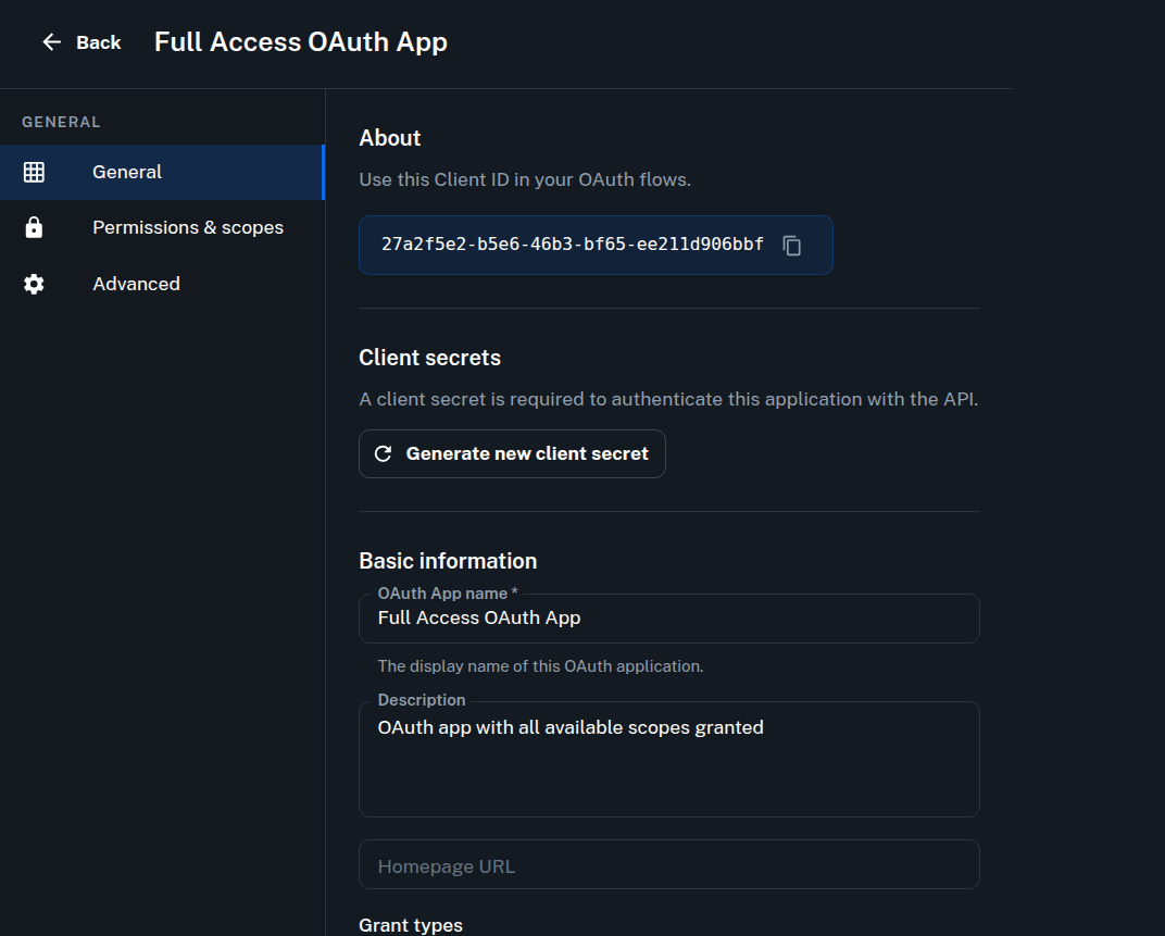 OAuth application detail view with configuration settings