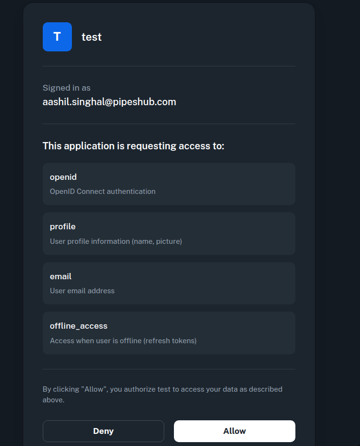 OAuth consent screen showing application details and requested permissions