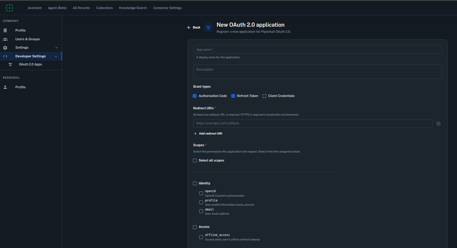 Create new OAuth 2.0 application form