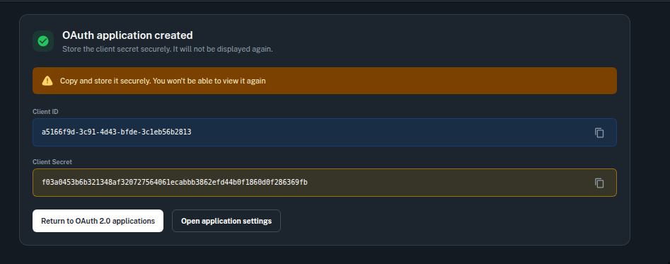 Newly created OAuth application credentials display