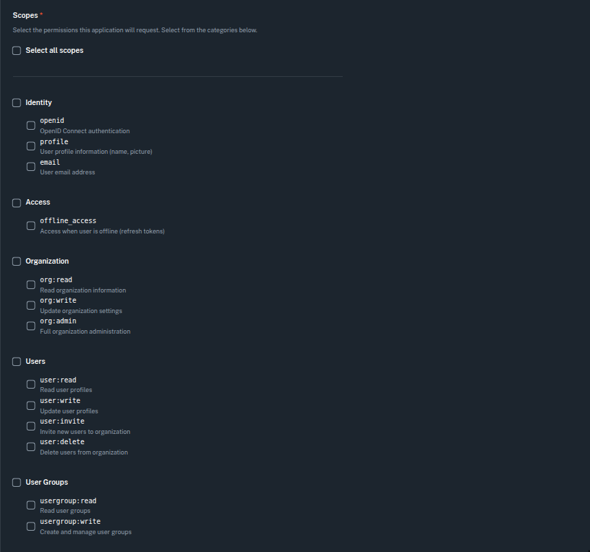 OAuth scope selector grouped by category