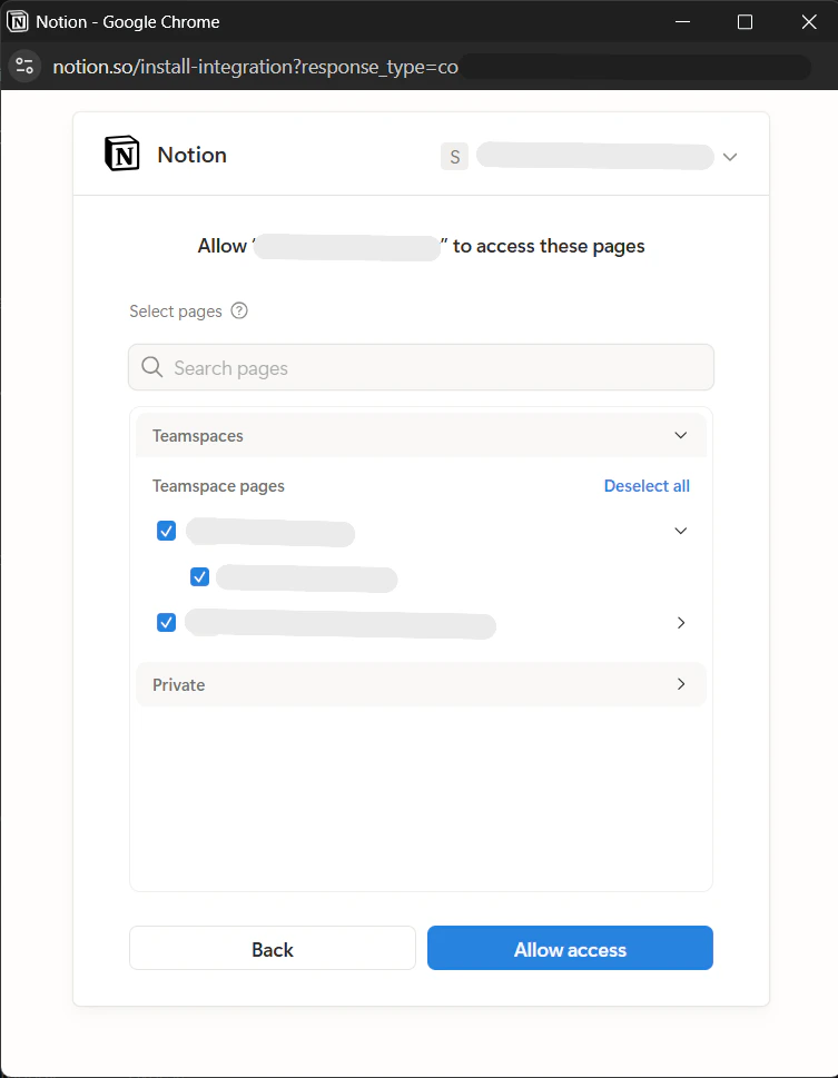 Notion — Choose pages and Allow access