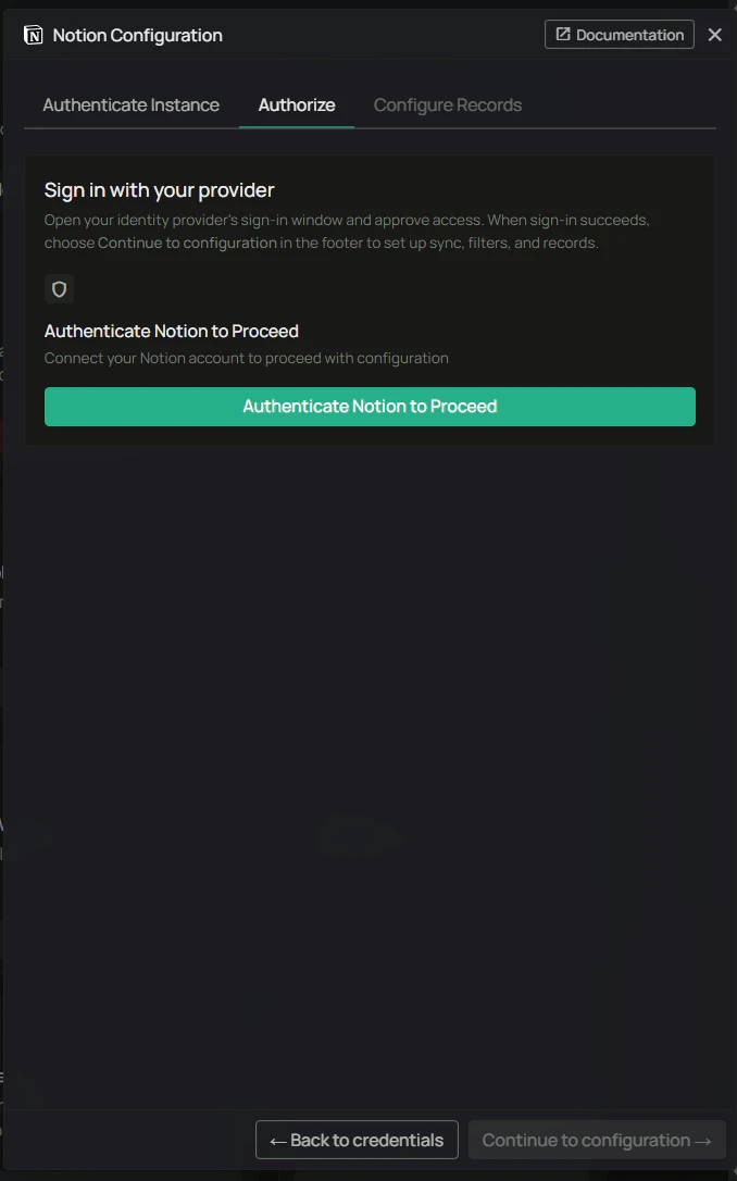 PipesHub Notion Configuration — Authorize tab before signing in