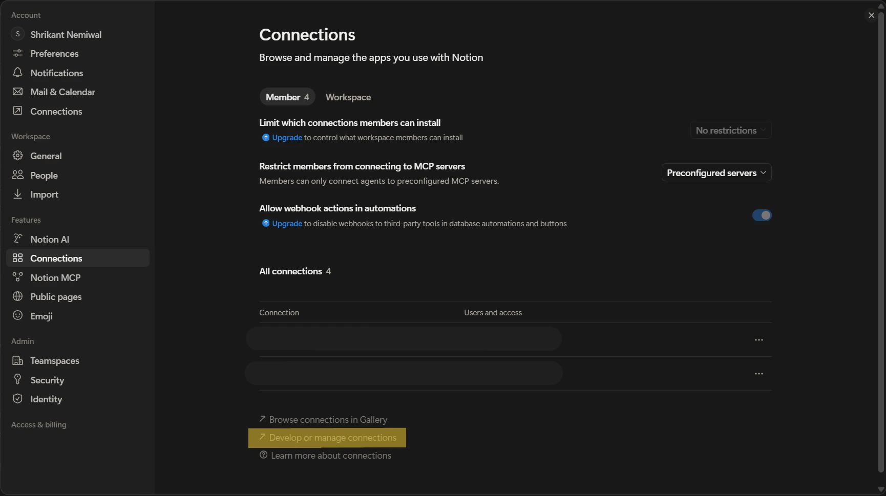 Notion Settings — Connections and Develop or manage connections