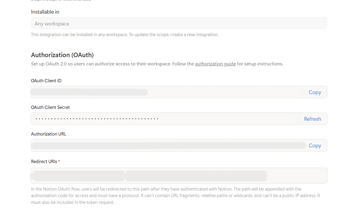 Notion connection — OAuth Client ID, Secret, and Redirect URIs