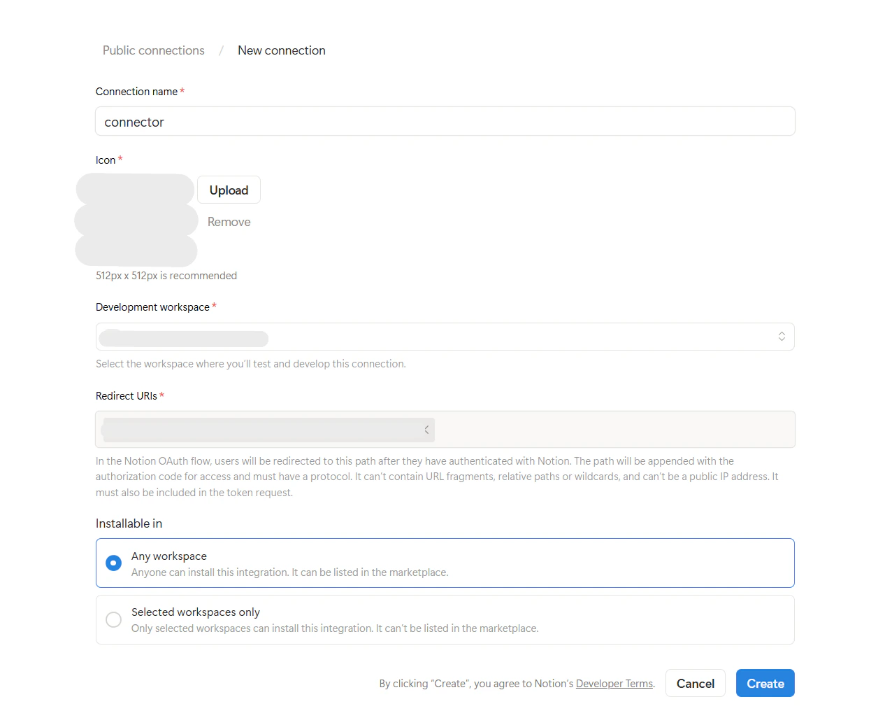 Notion — New connection form with Redirect URIs