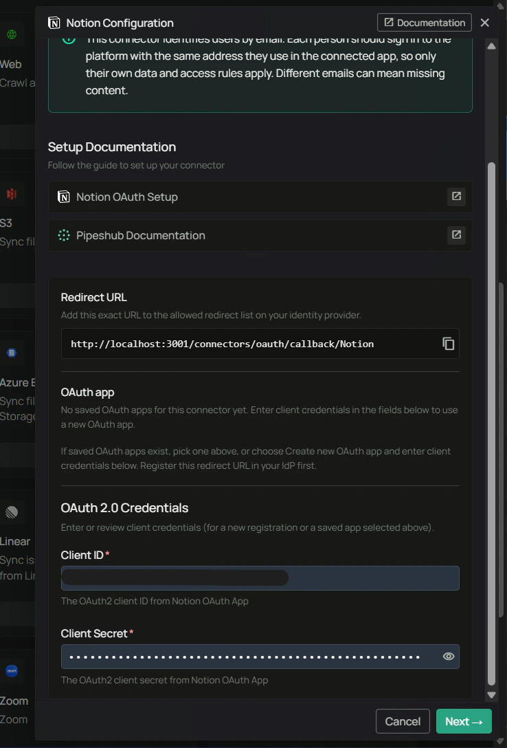 PipesHub Notion Configuration — OAuth credentials on Authenticate Instance