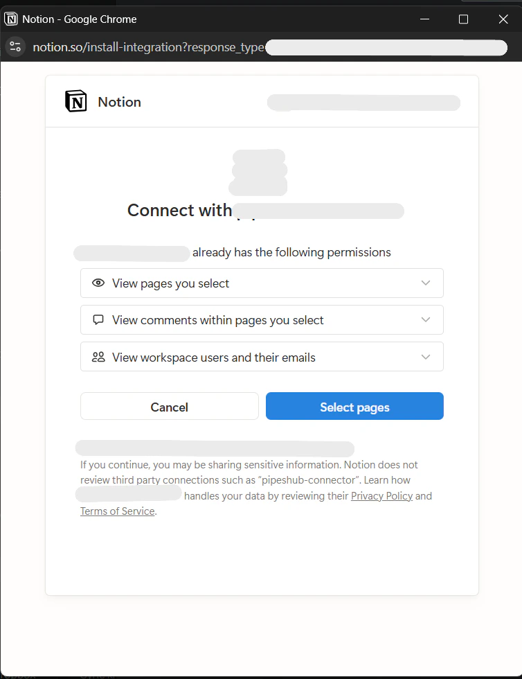 Notion — Connect and select pages for the integration