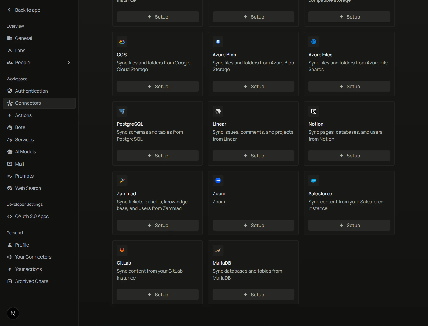Workspace Connectors page with Notion and + Setup