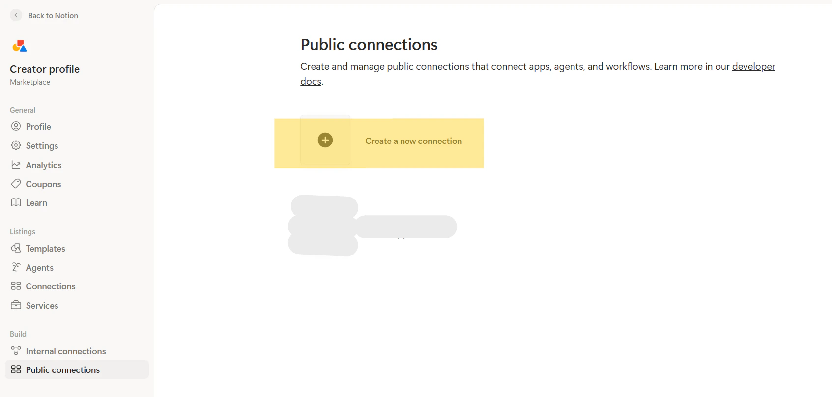 Notion developer — Public connections and Create a new connection