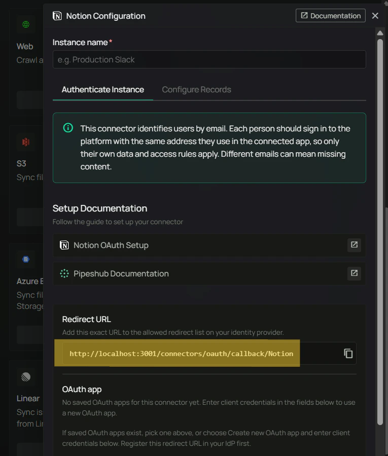 Notion Configuration — Redirect URL to register in Notion