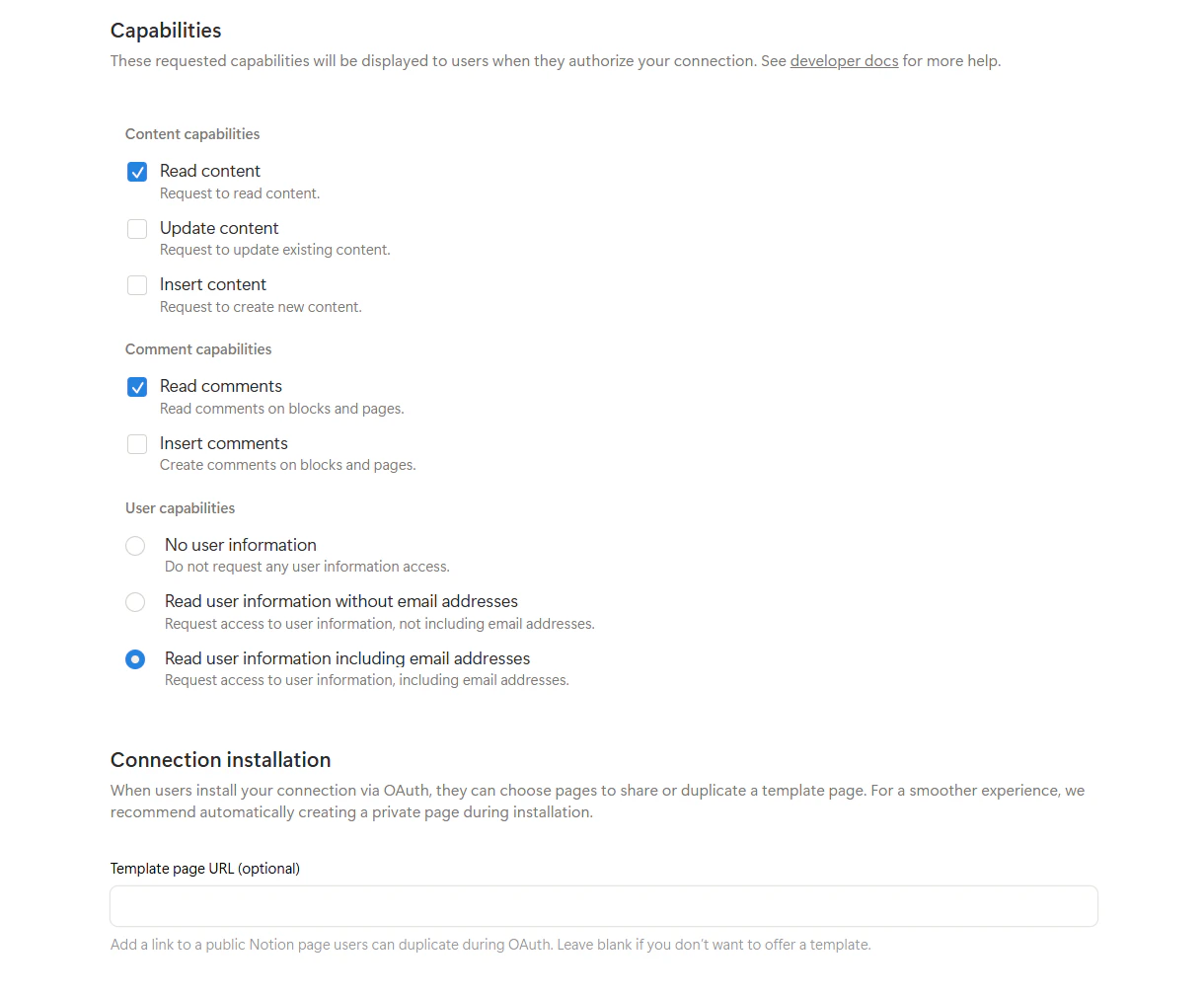 Notion connection — Capabilities and user email scope