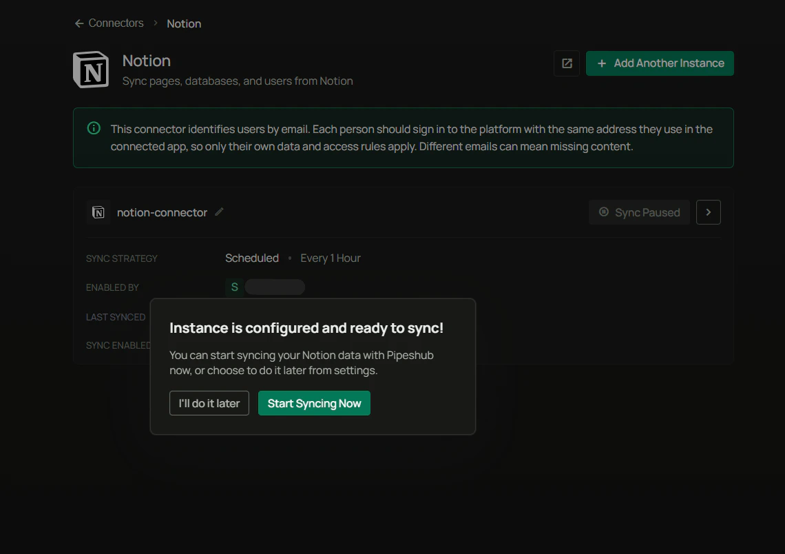 Notion instance ready to sync confirmation