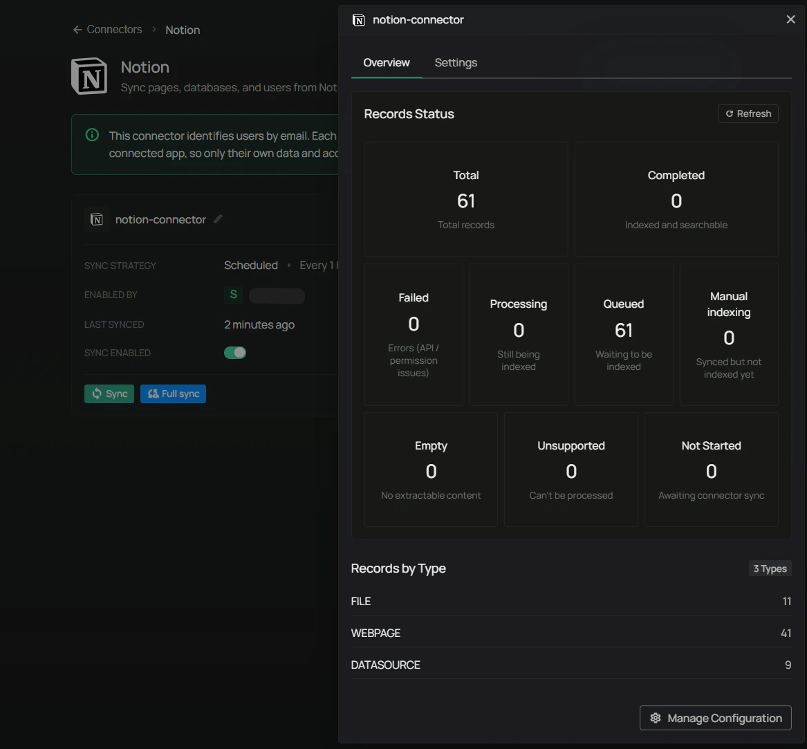 Notion connector instance Overview and record stats