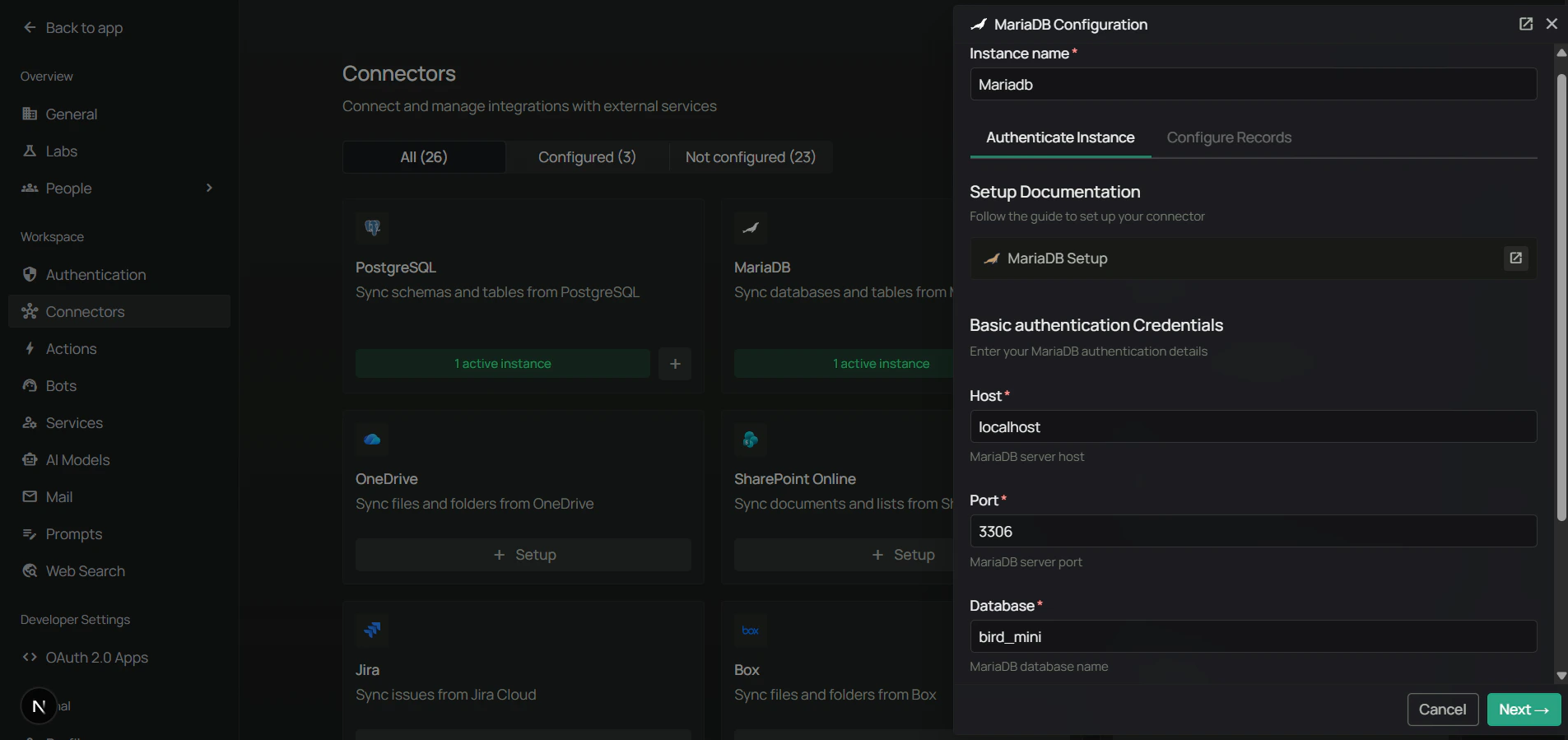 MariaDB connector auth configuration