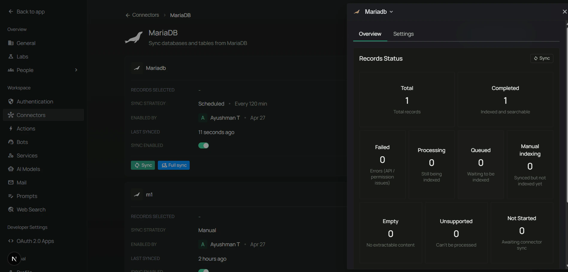 MariaDB connector active and synced