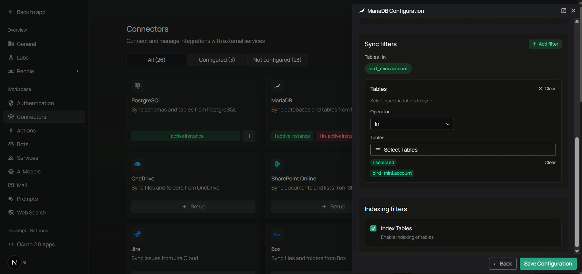 MariaDB sync filters
