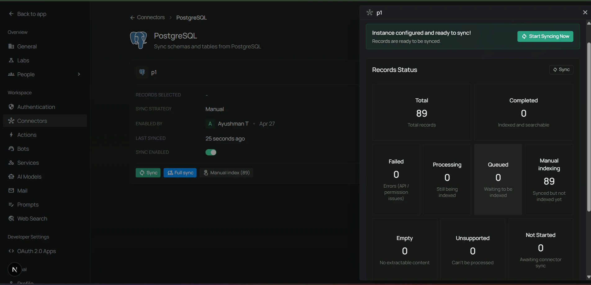 PostgreSQL connector active and synced