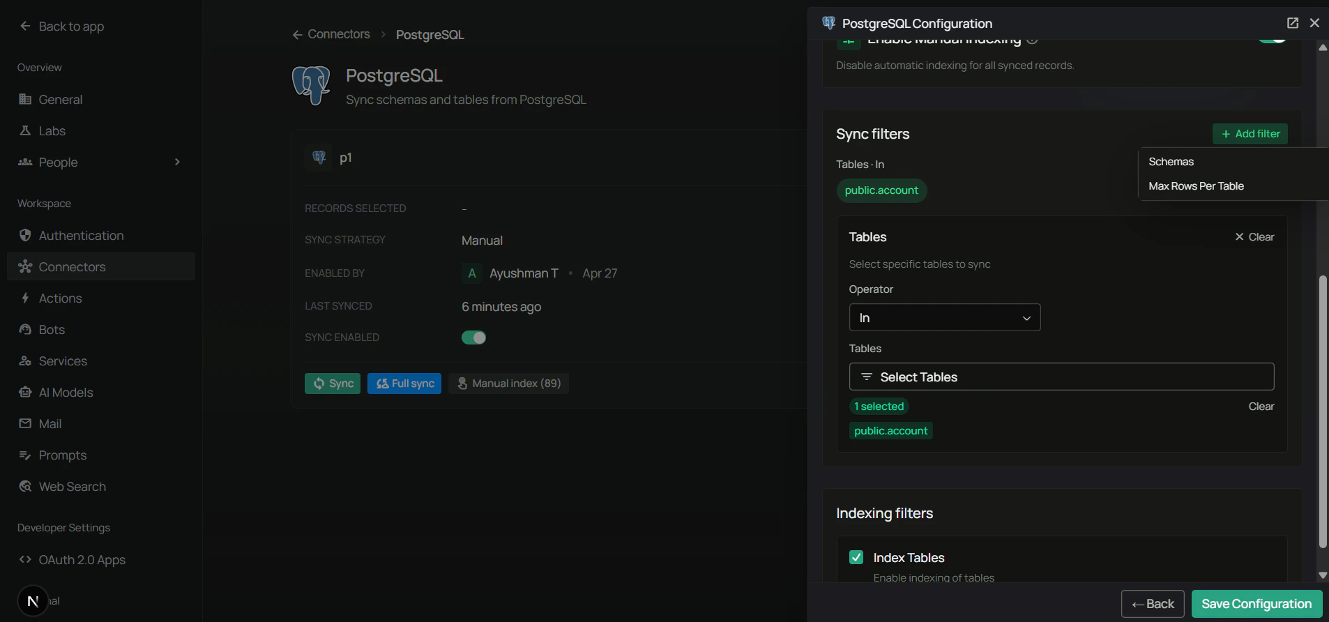 PostgreSQL sync filters