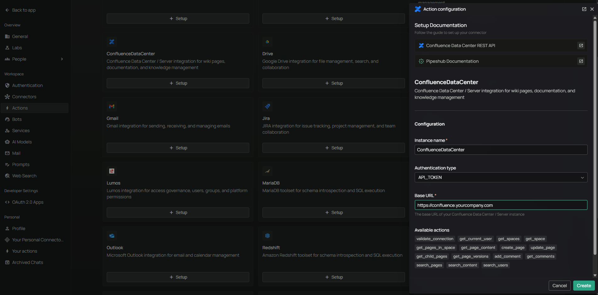Admin Actions dialog — Instance Name and Base URL only