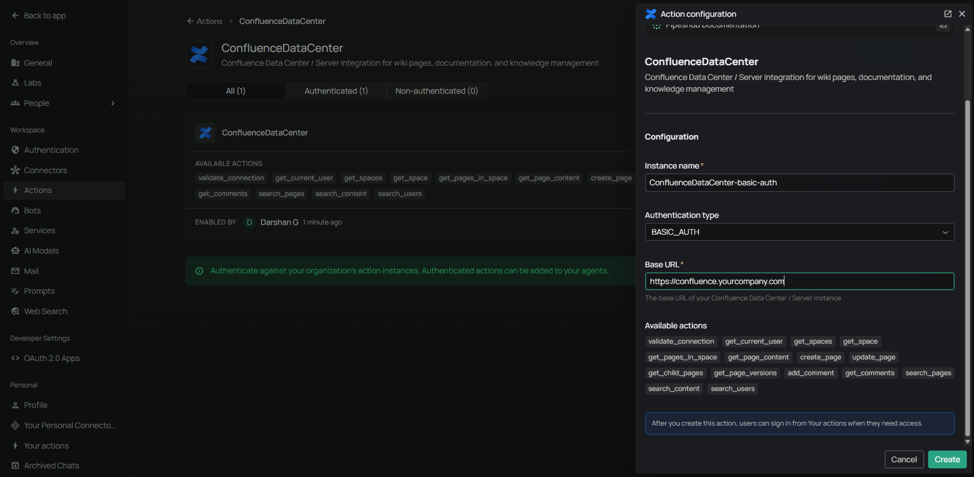 Admin Actions dialog with Basic Authentication — Instance Name and Base URL only
