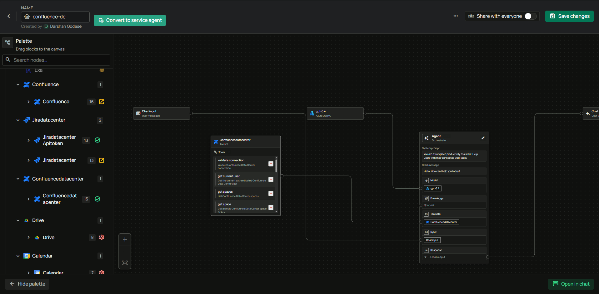 Agent builder with the Confluence Data Center toolset connected