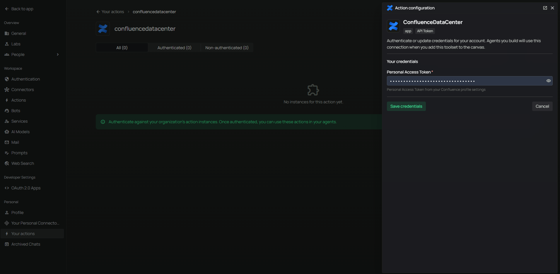Your actions — enter your Personal Access Token