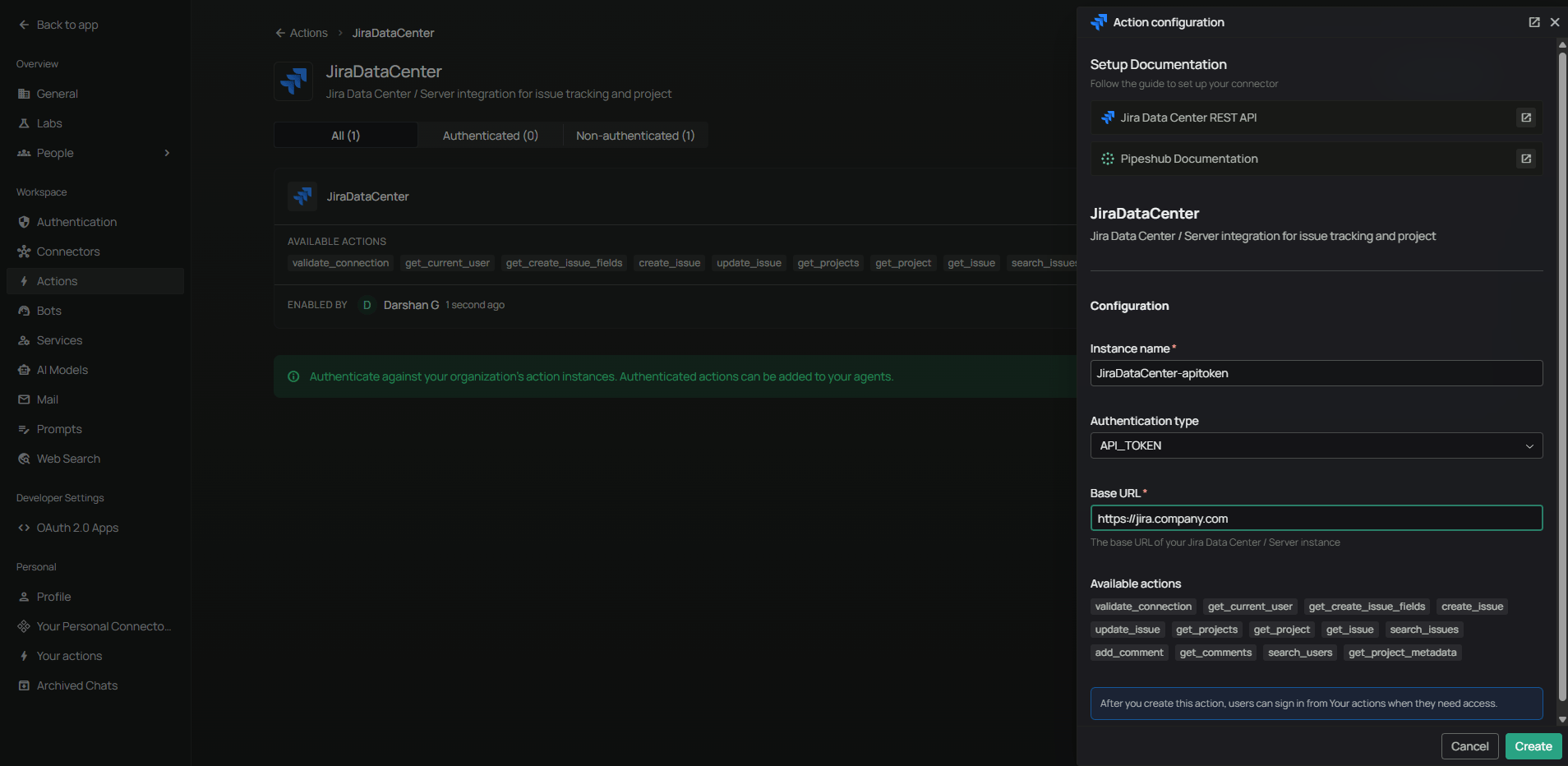 Admin Actions dialog — Instance Name and Base URL only
