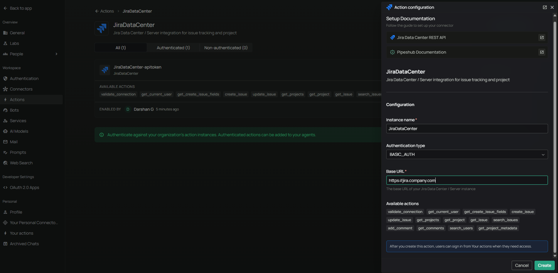 Admin Actions dialog with Basic Authentication — Instance Name and Base URL only