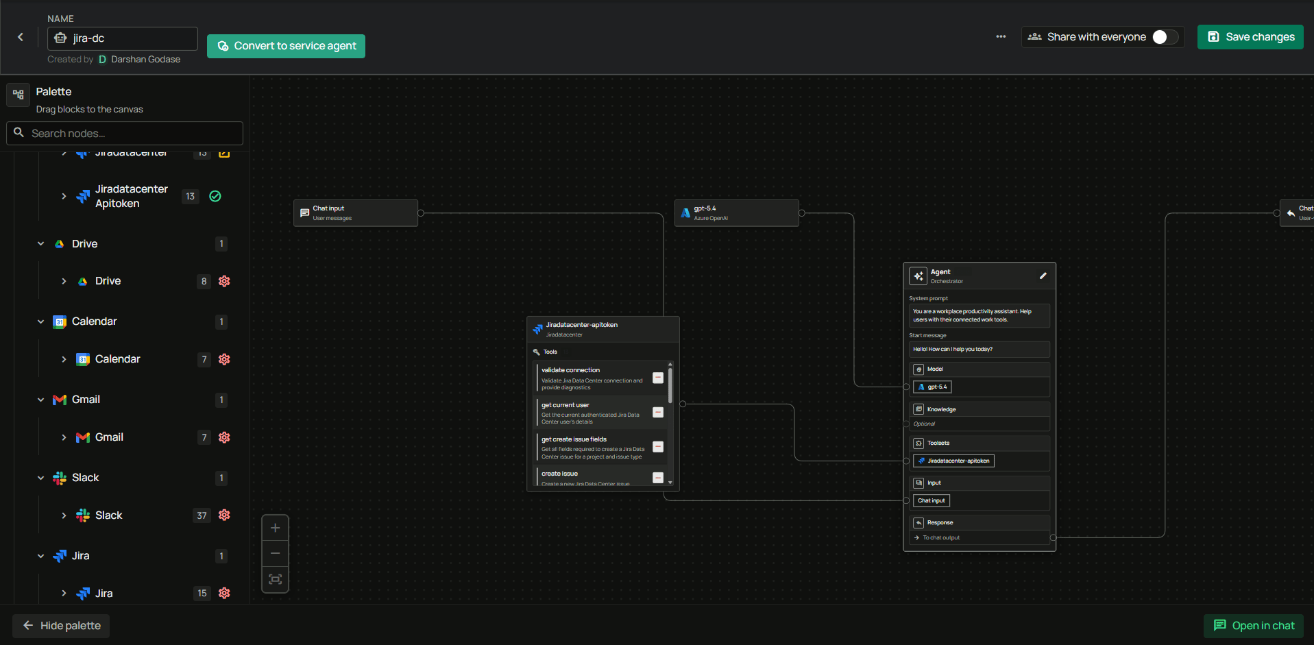 Agent builder with the Jira Data Center toolset connected