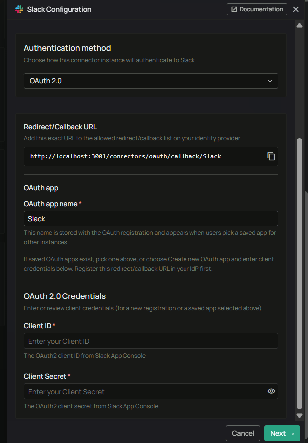 PipesHub — Slack Configuration showing the Redirect/Callback URL and OAuth credentials fields