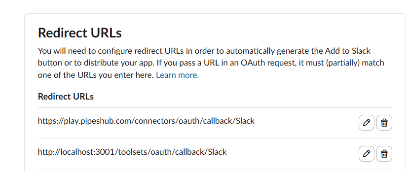 Slack — Redirect URLs list with the PipesHub callback URL added