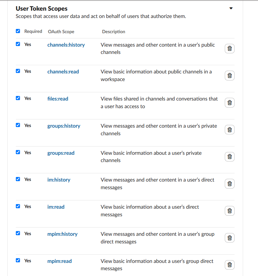 Slack — User Token Scopes list