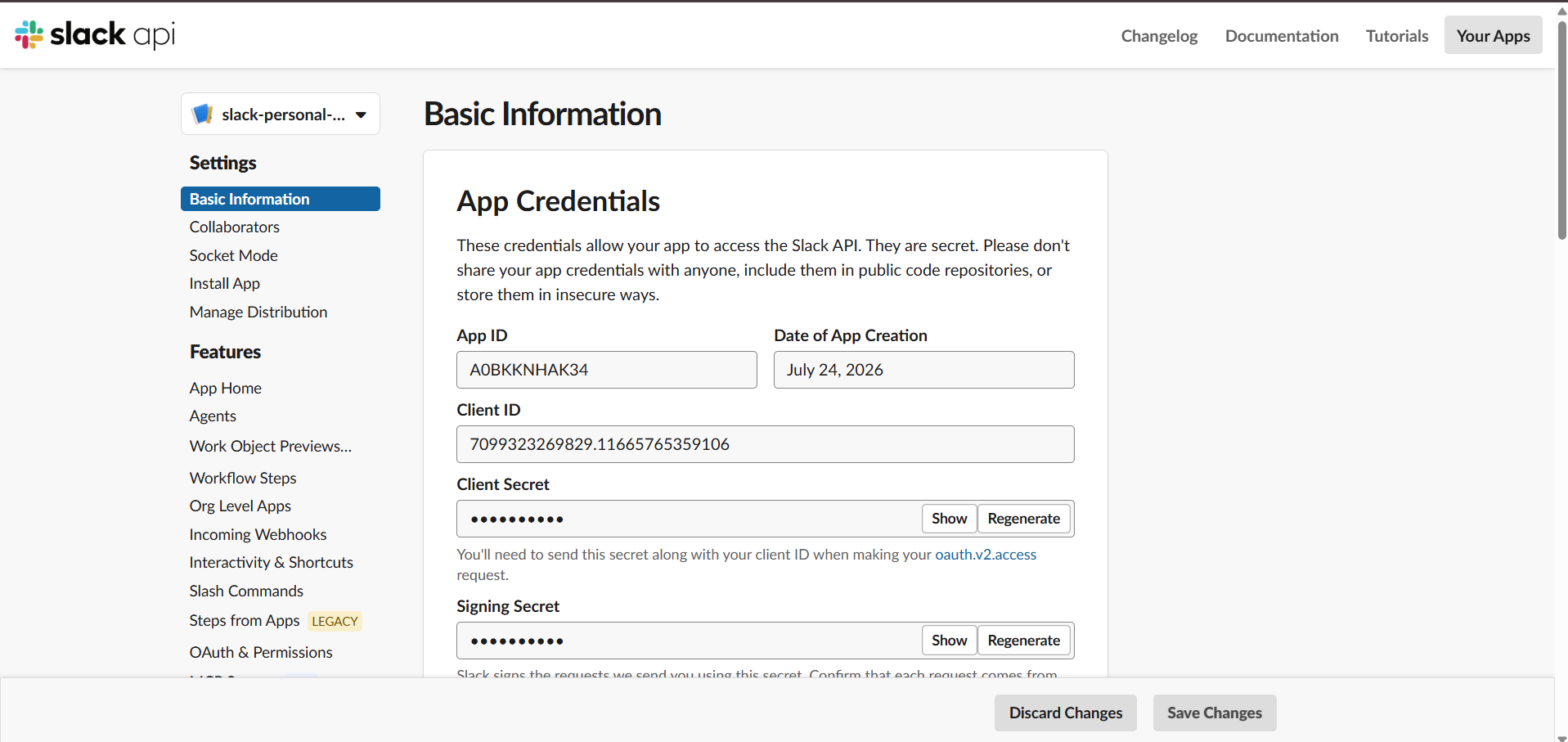 Slack — Basic Information page with App Credentials